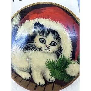 Vintage Hand painted Christmas Kitty Cat In Hat Signed Wooden Brooch Pin